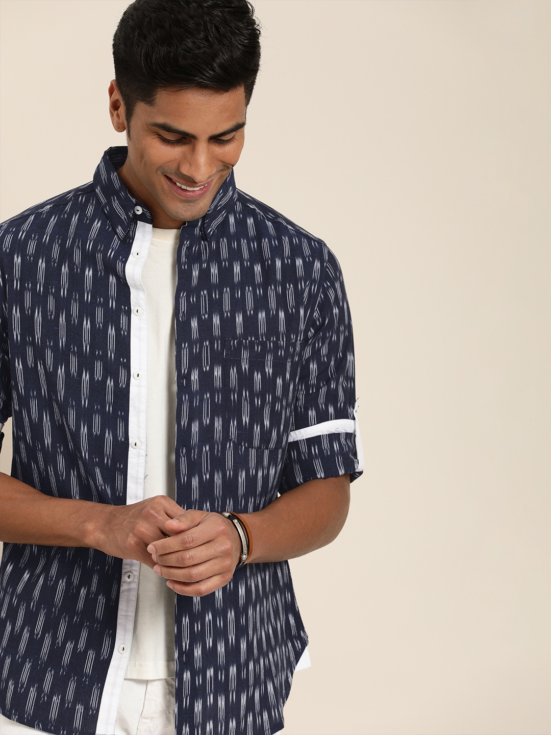 Taavi Men Navy Blue Ikat Woven Design Regular Fit Casual Sustainable Shirt with Roll-Up Sleeves
Taavi Men Navy Blue Ikat Woven Design Regular Fit Casual Sustainable Shirt with Roll-Up Sleeves