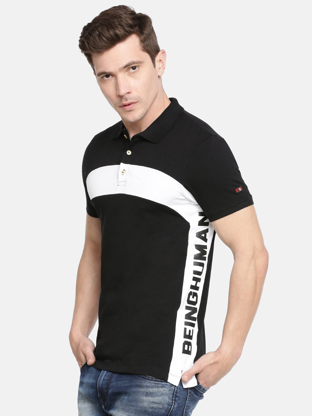 Being Human Clothing Men Black & White Printed Polo Collar T-shirt