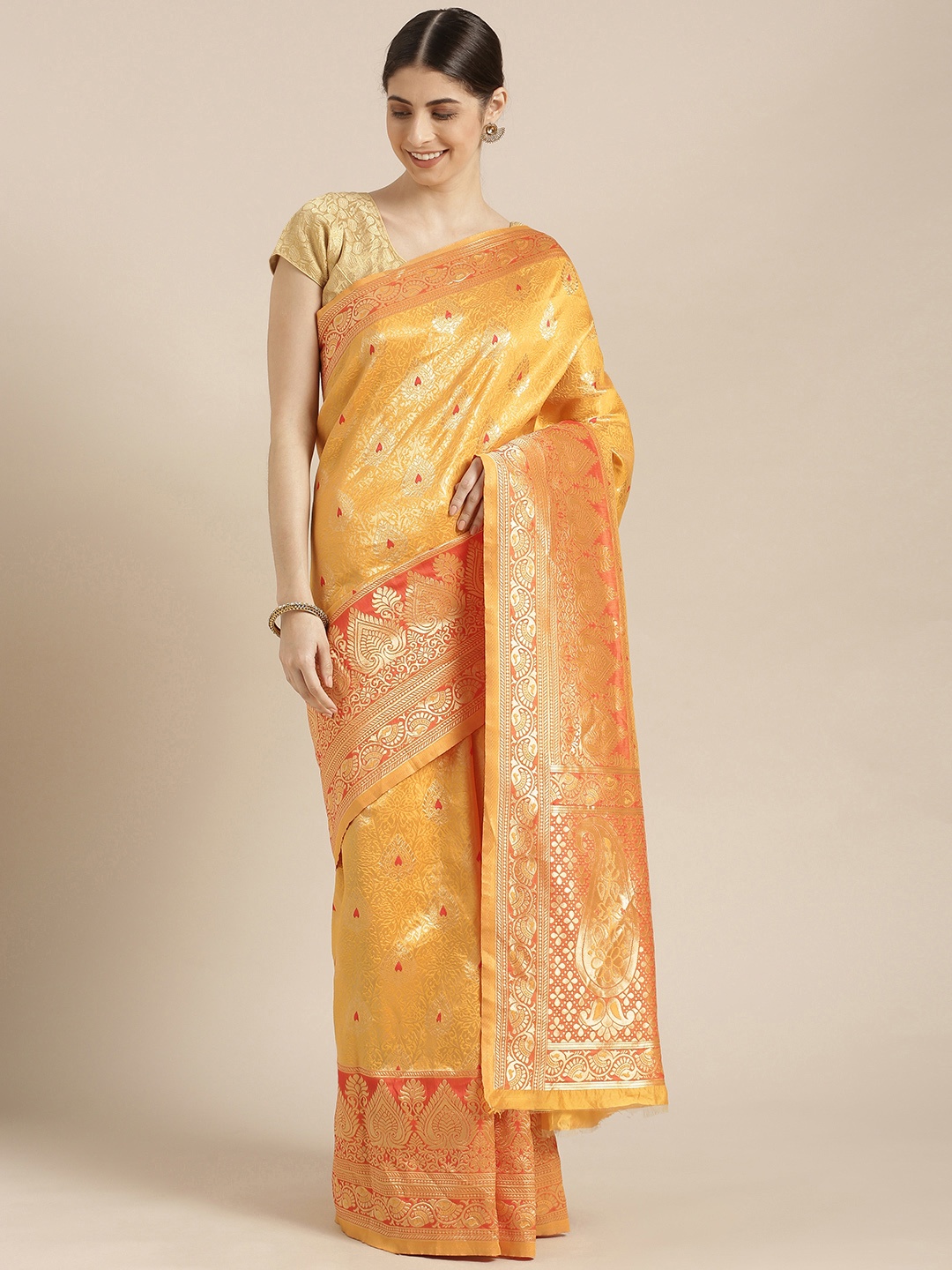 Blissta Yellow & Gold-Toned Silk Blend Woven Design Kanjeevaram Saree