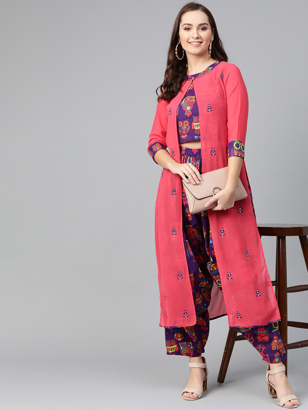 Pannkh Women Purple & Coral Pink Printed Top with Dhoti Pants & Layer