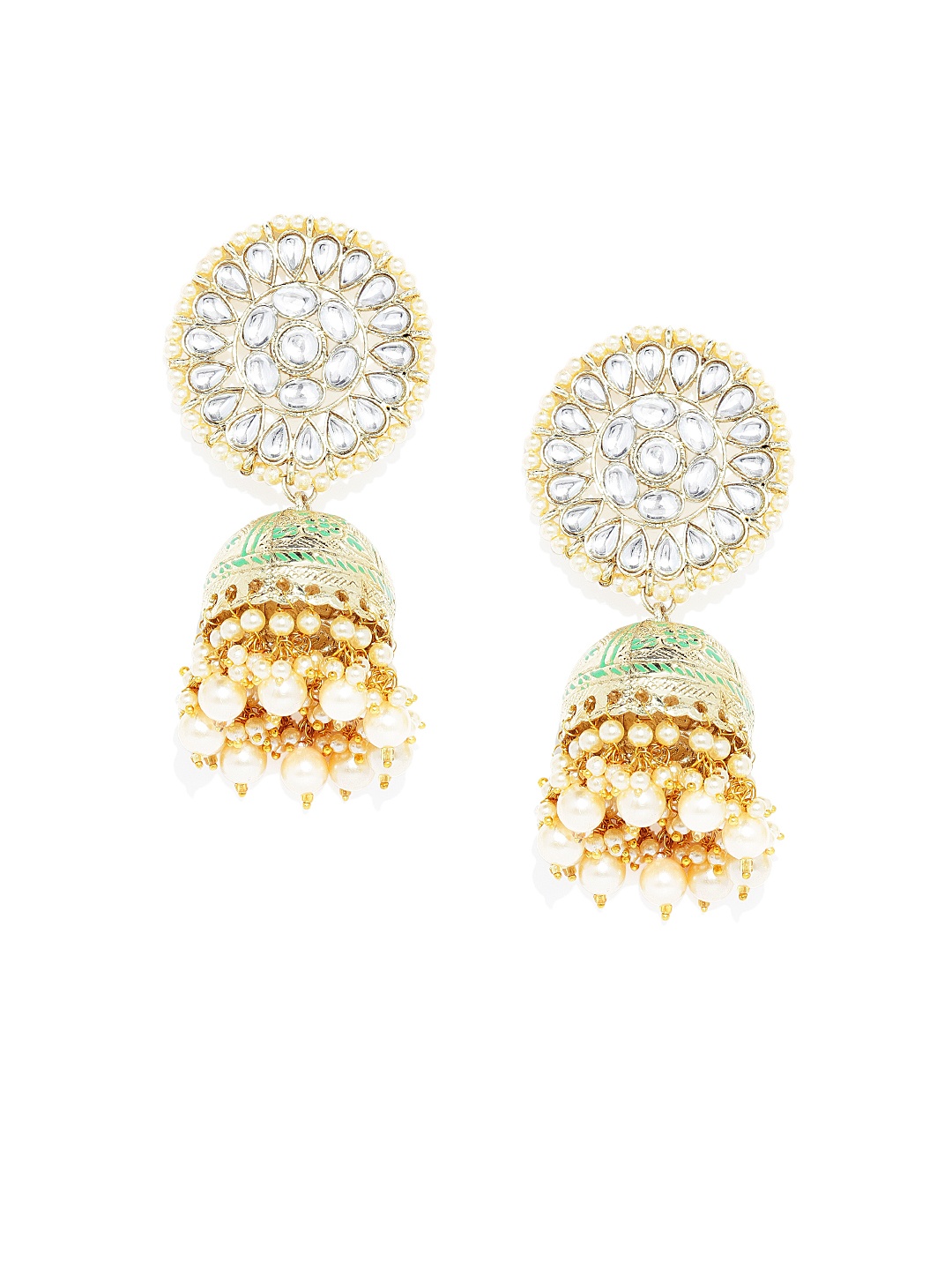 Kord Store Silver-Toned & Green Dome Shaped Jhumkas