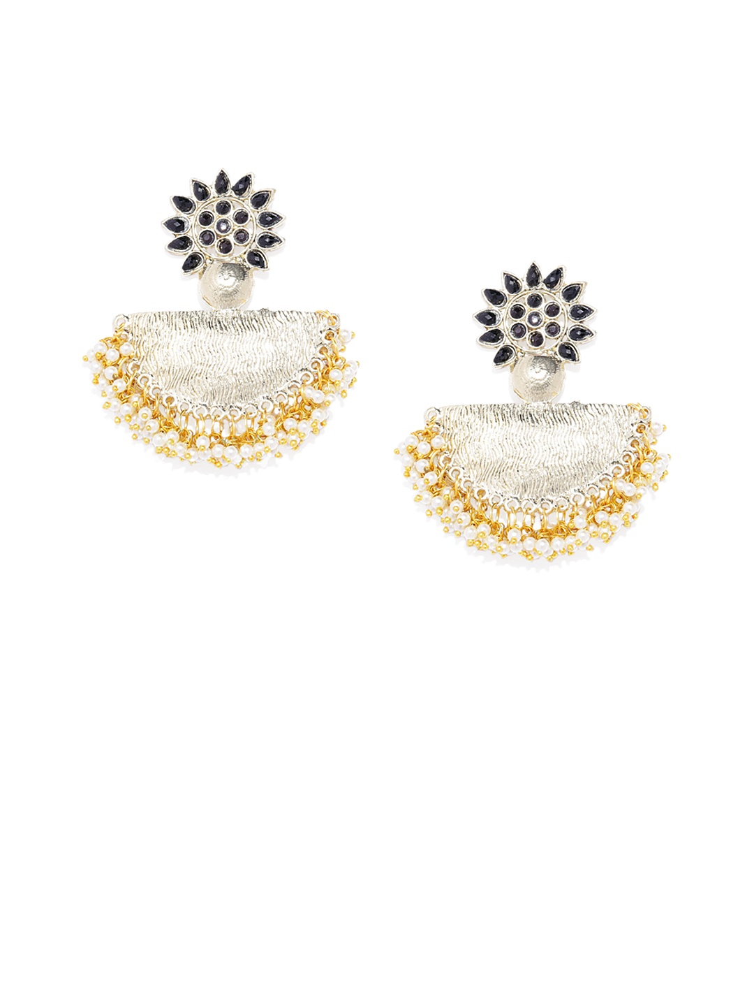 Kord Store Silver-Toned & Black Crescent Shaped Chandbalis