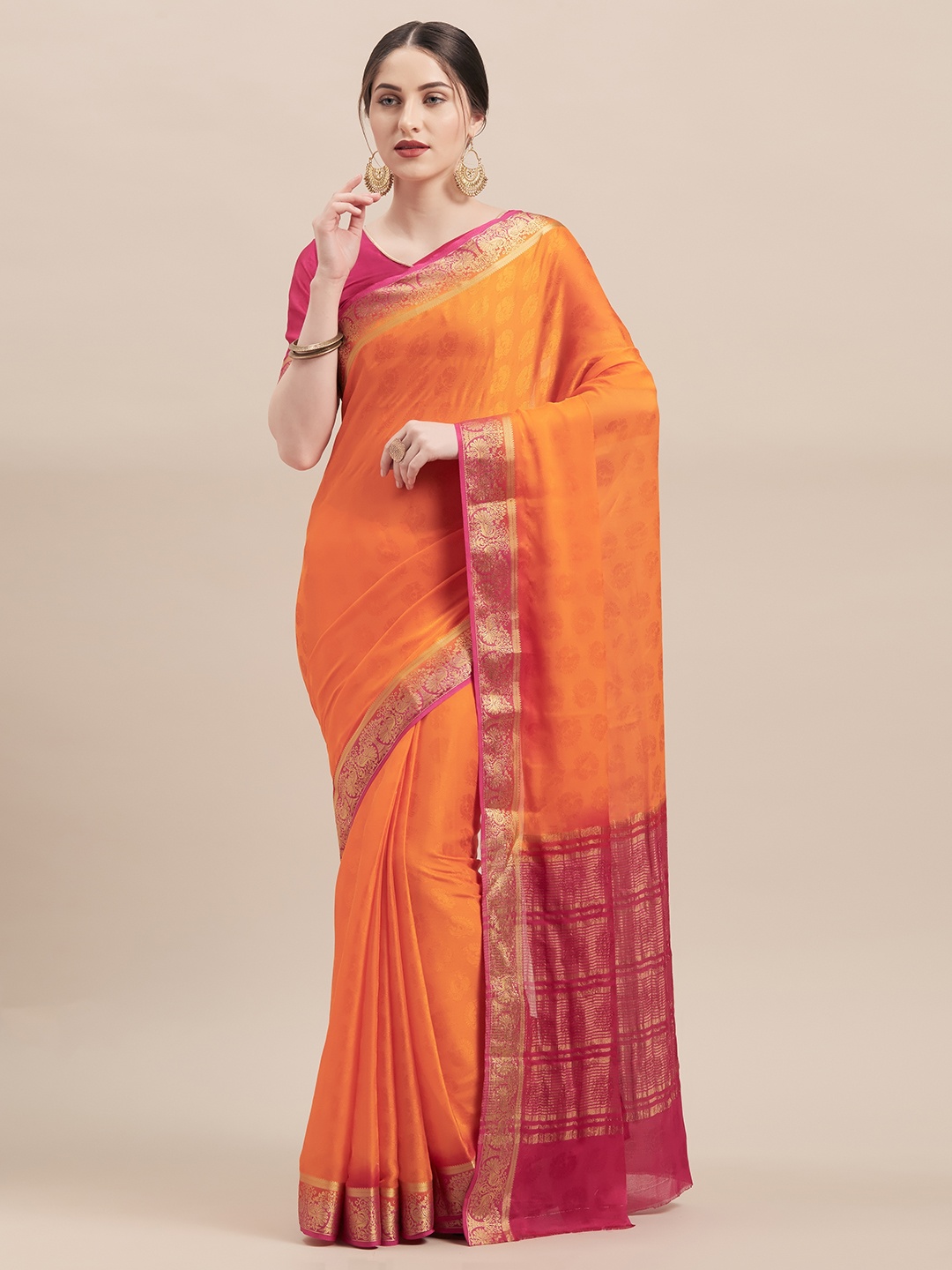 Shaily Orange & Pink Silk Blend Woven Design Saree