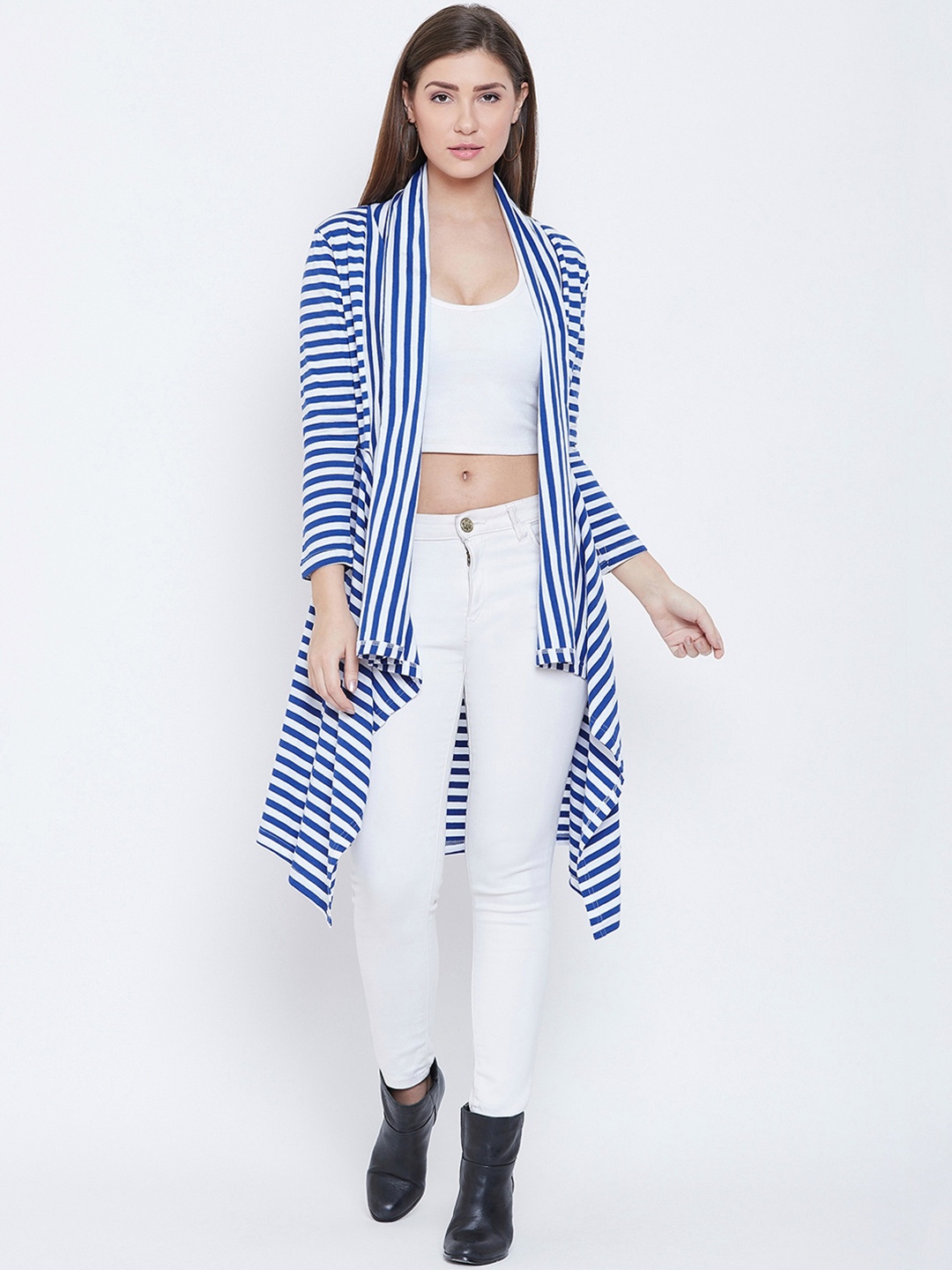 CHROME & CORAL Women Blue & White Striped Waterfall Shrug