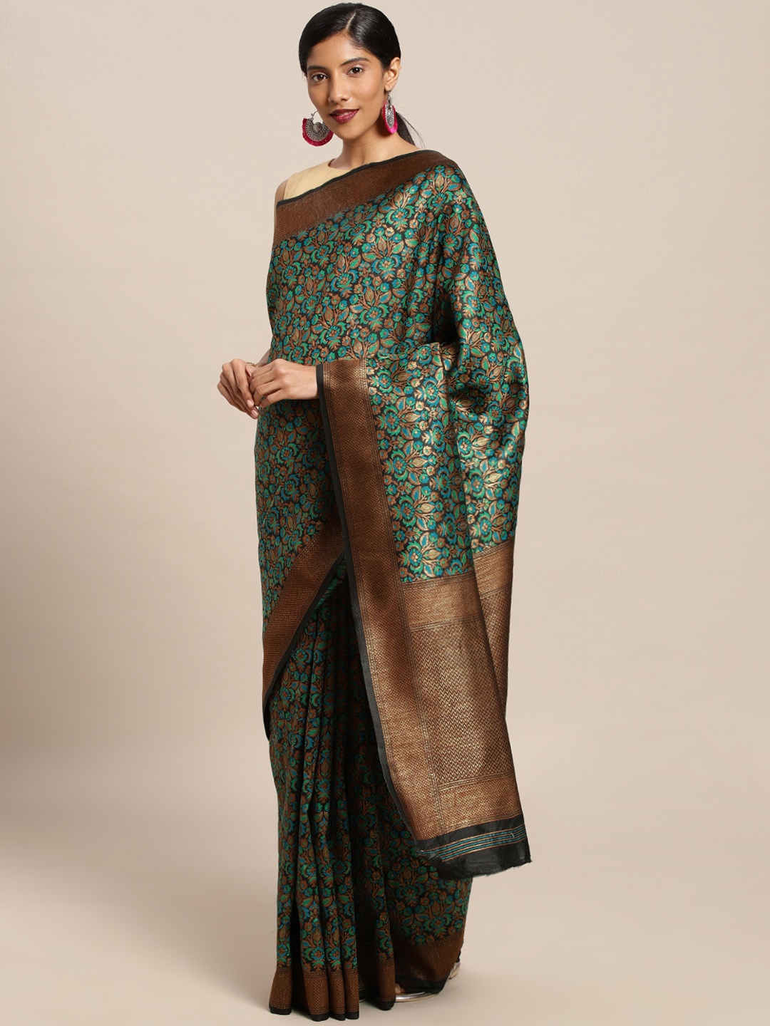Mitera Black & Green Silk Blend Woven Design Kanjeevaram Saree