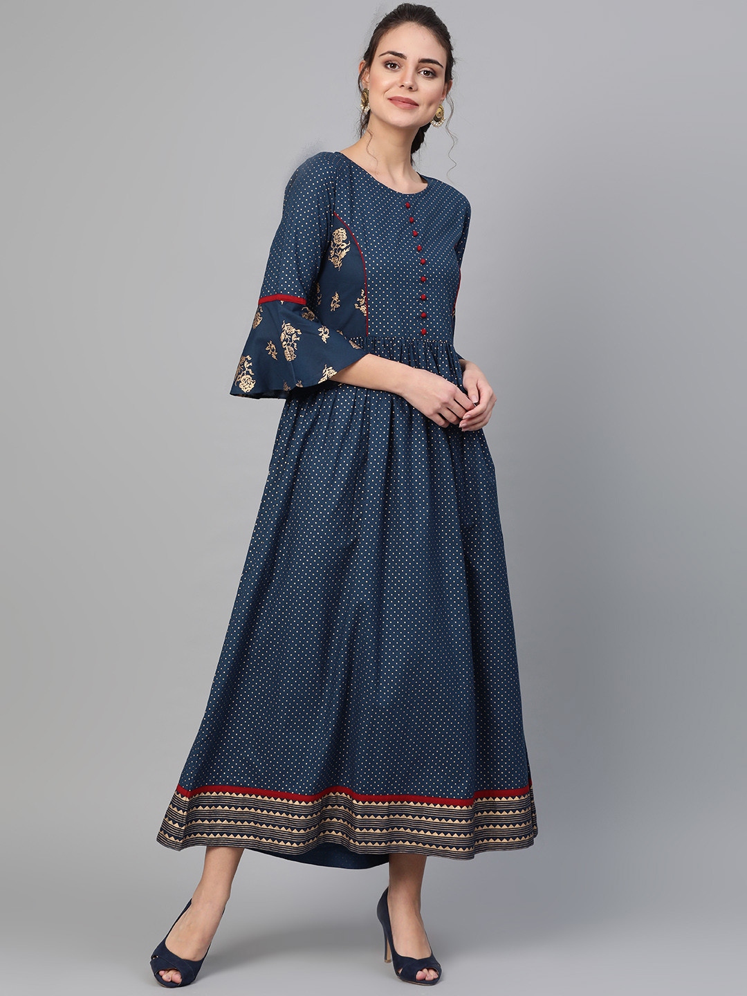 Myshka Women Navy Blue & Golden Printed Maxi Dress
Myshka Women Navy Blue & Golden Printed Maxi Dress