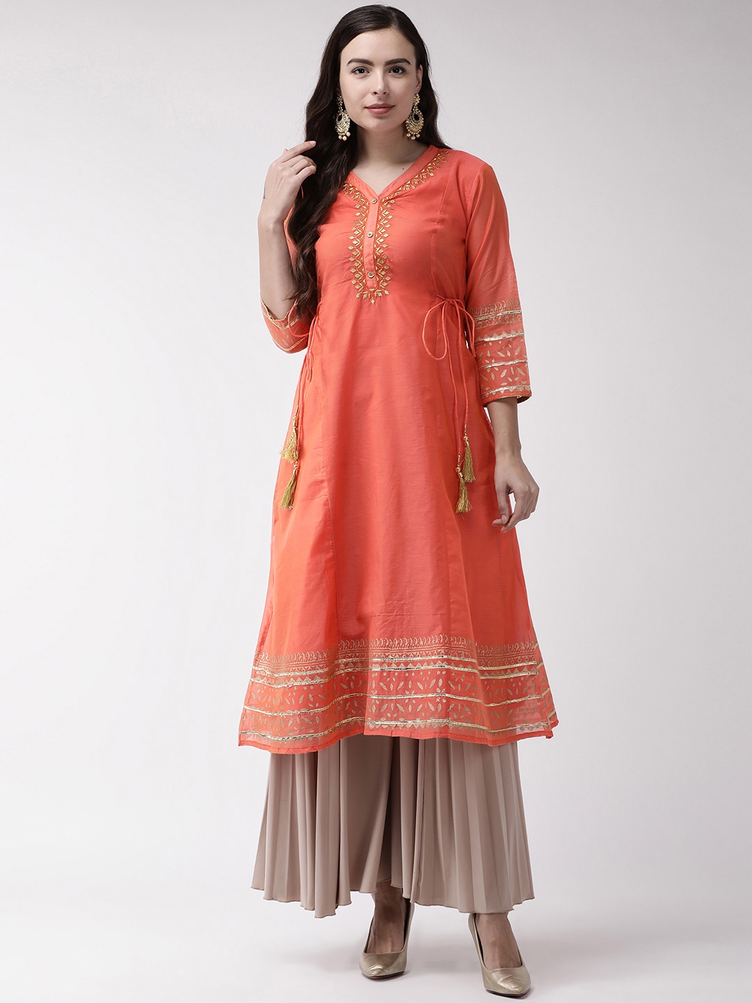 RANGMAYEE Women Coral Orange & Golden Foil Print Detail A-Line Kurta