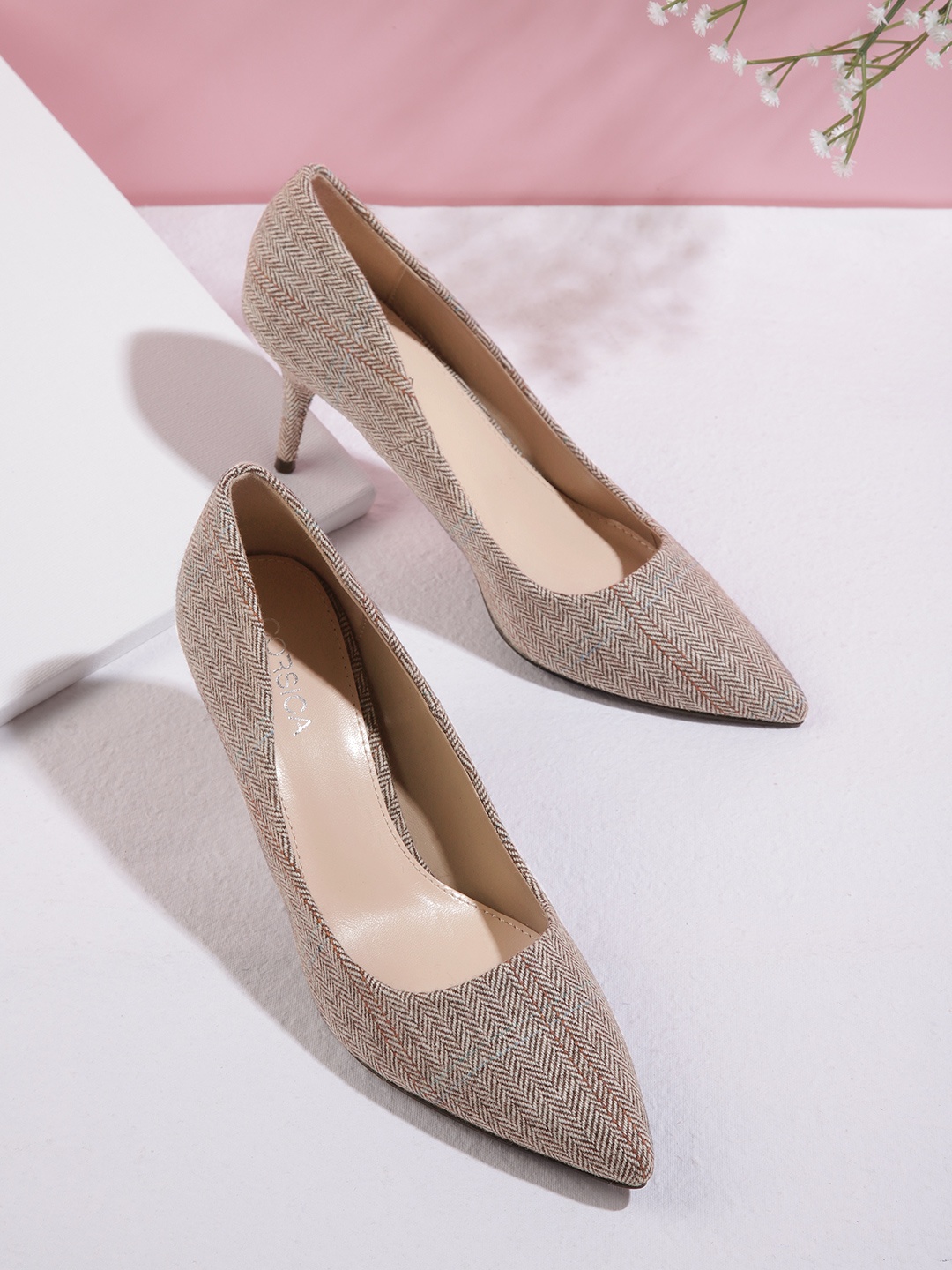 CORSICA Women Coffee Brown & White Herringbone Patterned Pumps