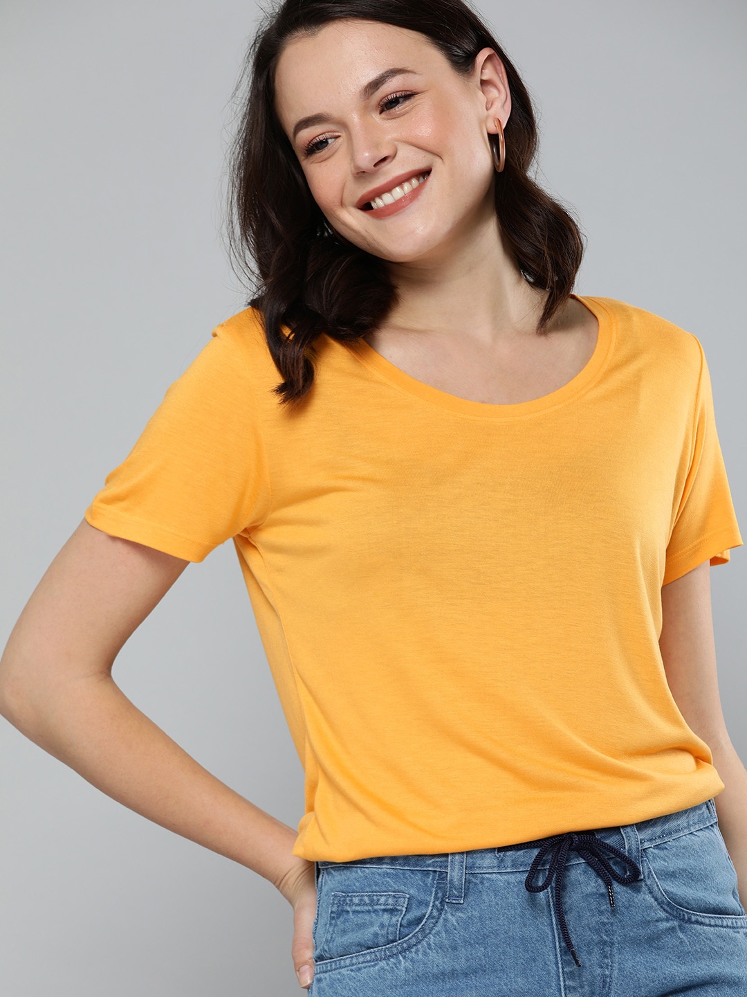Mast & Harbour Women Mustard Yellow Solid Round Neck T-shirt
