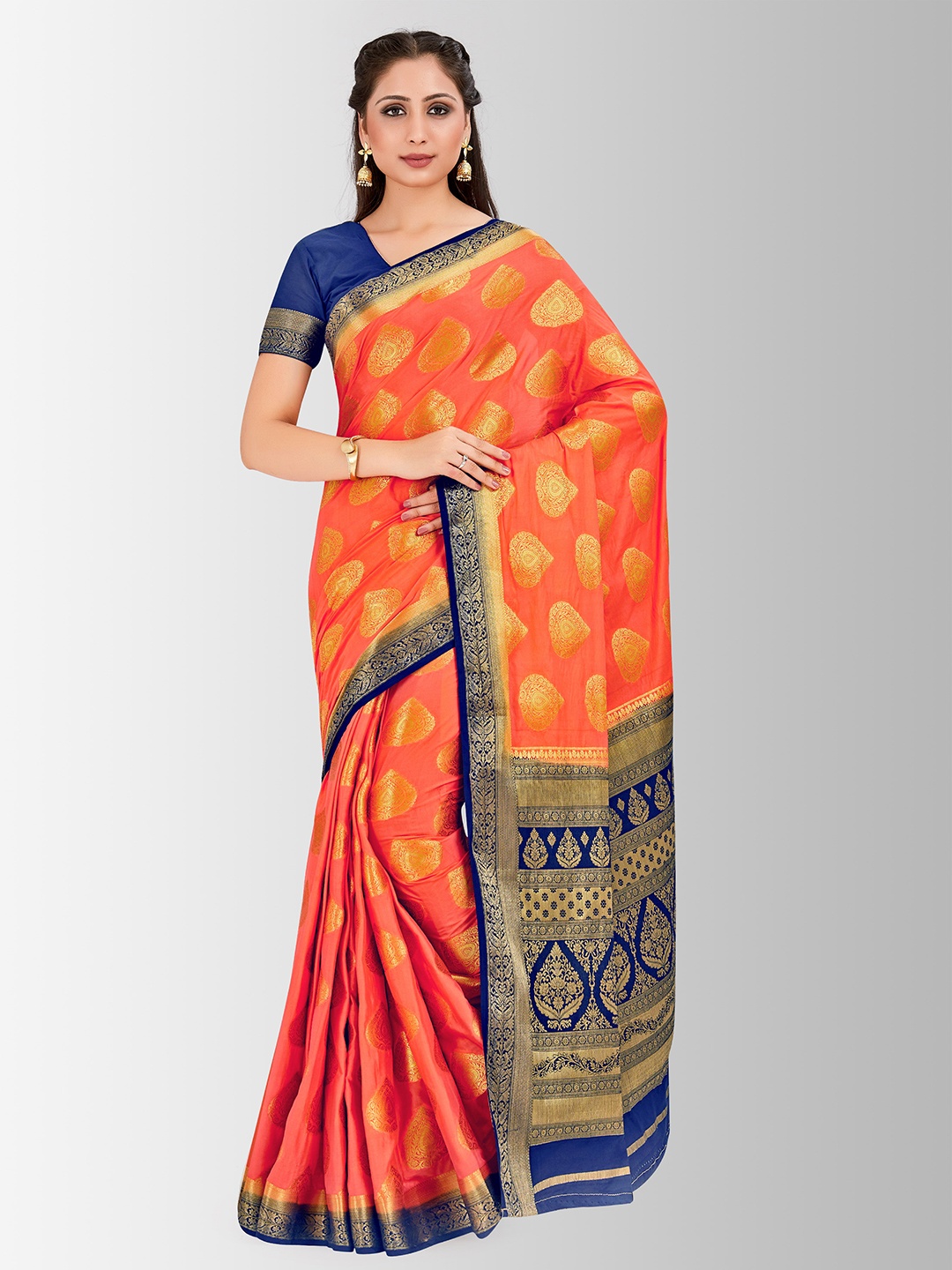 MIMOSA Orange & Blue Poly Crepe Woven Design Mysore Silk Saree