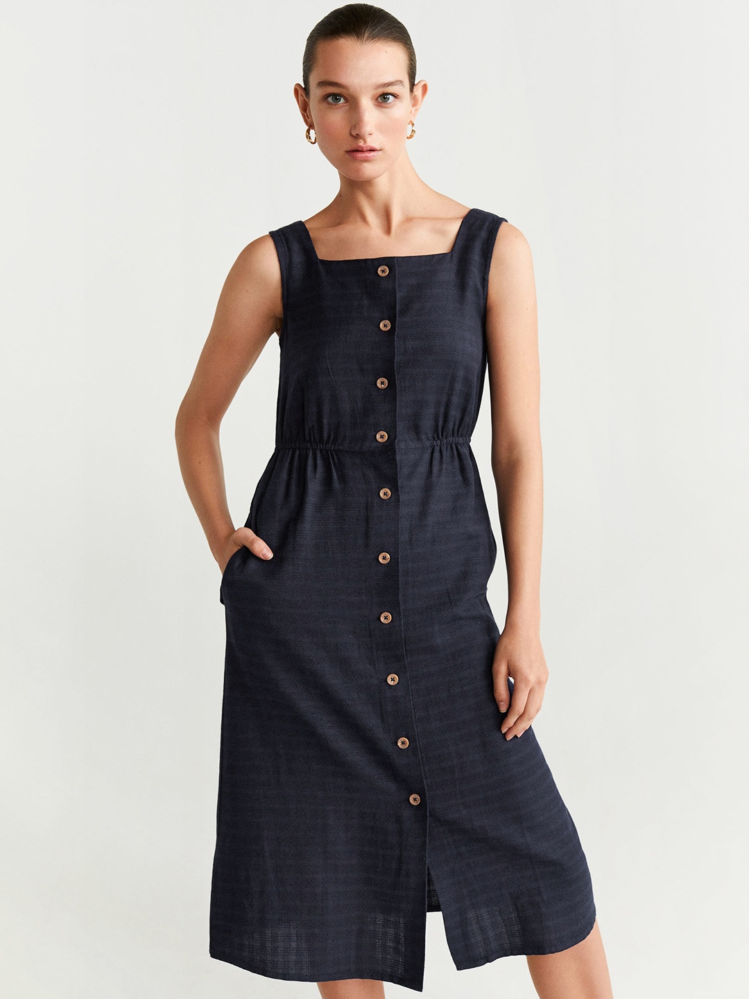 MANGO Women Navy Blue Self Checked A-Line Dress