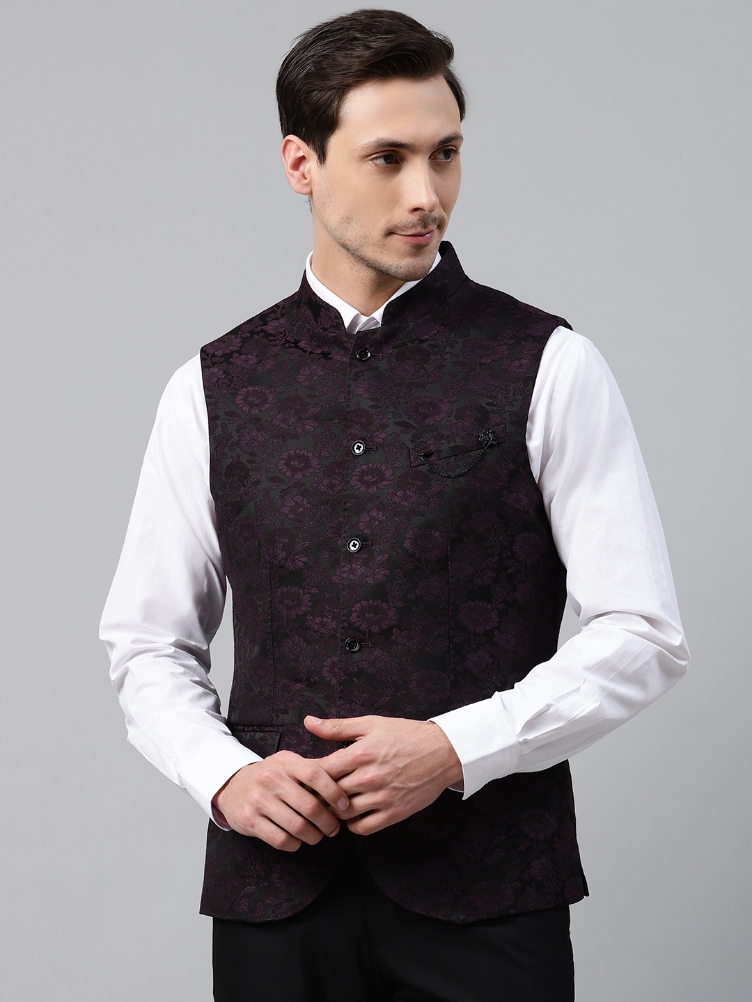 Blackberrys Men Black & Purple Floral Woven Design Slim Fit Nehru Jacket with Brooch