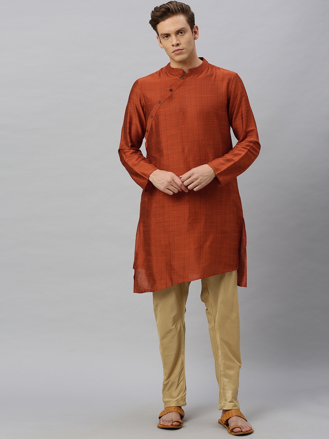 Anouk Men Orange & Beige Solid Kurta with Trousers