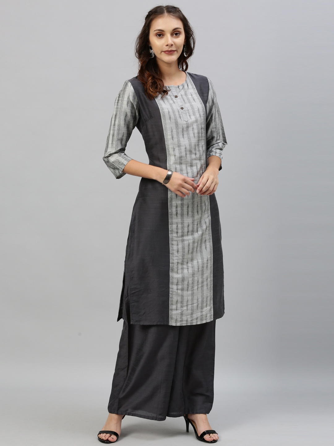 Anouk Women Charcoal Grey & White Striped Kurta with Palazzos