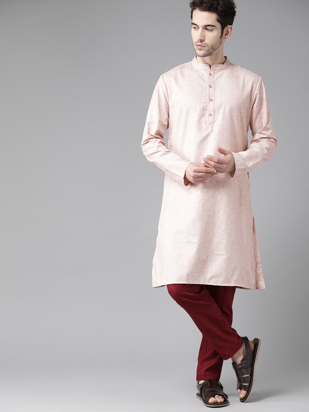 Anouk Men Peach-Coloured & Maroon Solid Kurta with Trousers