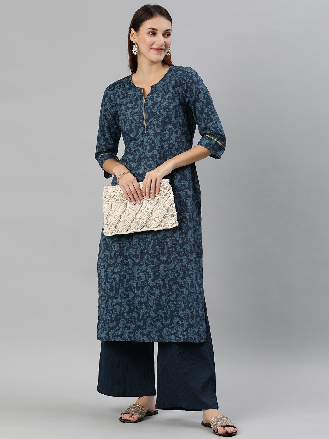 Anouk Women Navy Blue Printed Kurti with Palazzos
