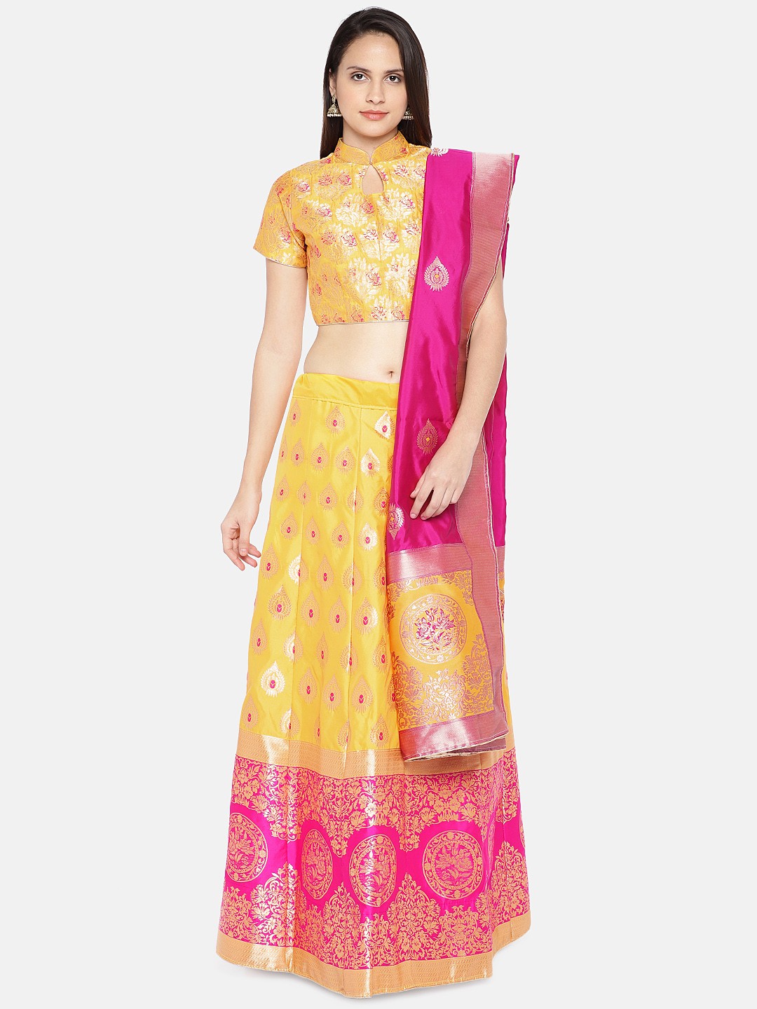 flaher Yellow & Pink Woven Design Semi-Stitched Lehenga & Unstitched Blouse with Dupatta
flaher Yellow & Pink Woven Design Semi-Stitched Lehenga & Unstitched Blouse with Dupatta