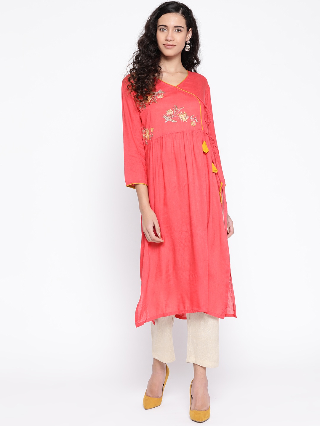 SILVER STOCK Women Coral Pink Yoke Design Angrakha A-Line Kurta