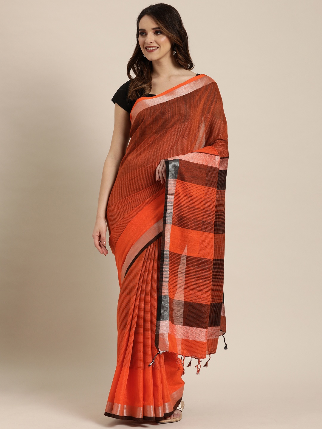 VASTRANAND Orange & Black Linen Blend Striped Saree