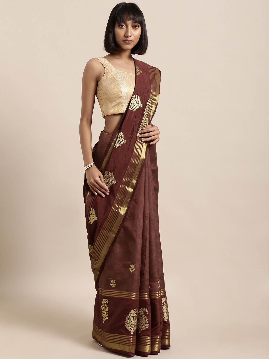 Mitera Maroon & Gold-Coloured Silk Cotton Embroidered Saree