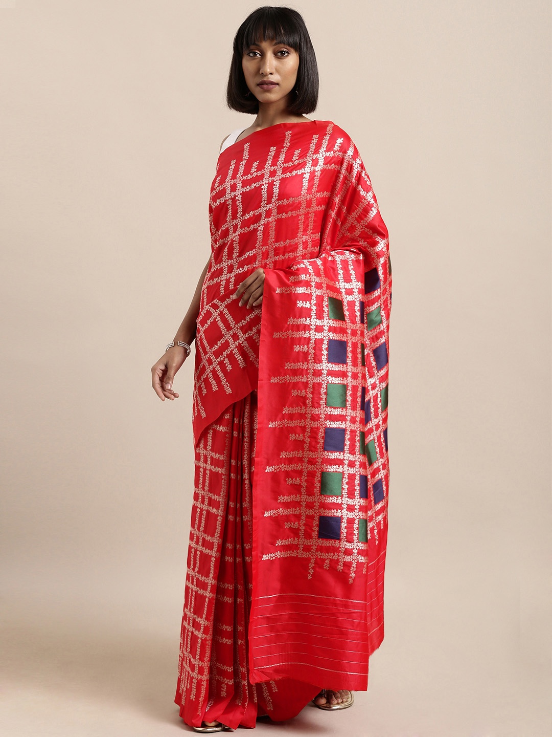 Mitera Red Silk Blend Checked Kanjeevaram Saree