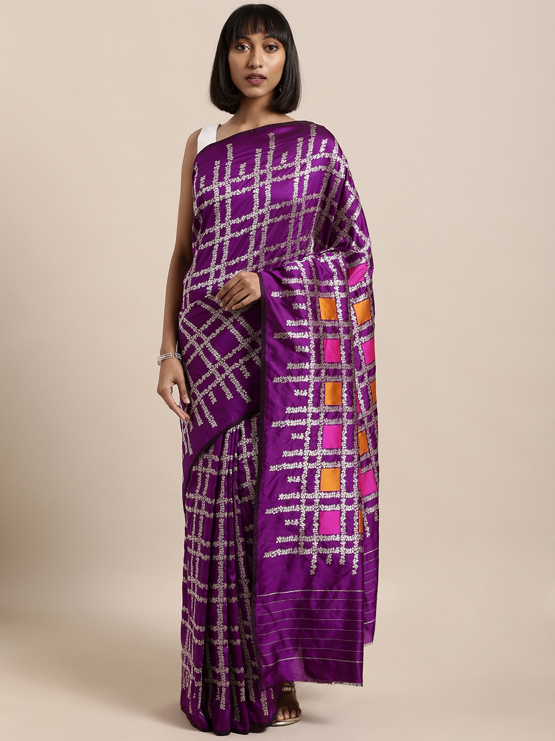Mitera Purple Silk Blend Checked Kanjeevaram Saree