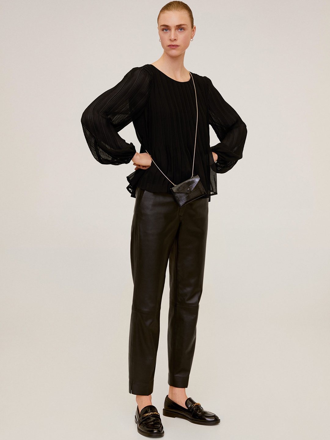 MANGO Women Black Accordion Pleated Solid Top