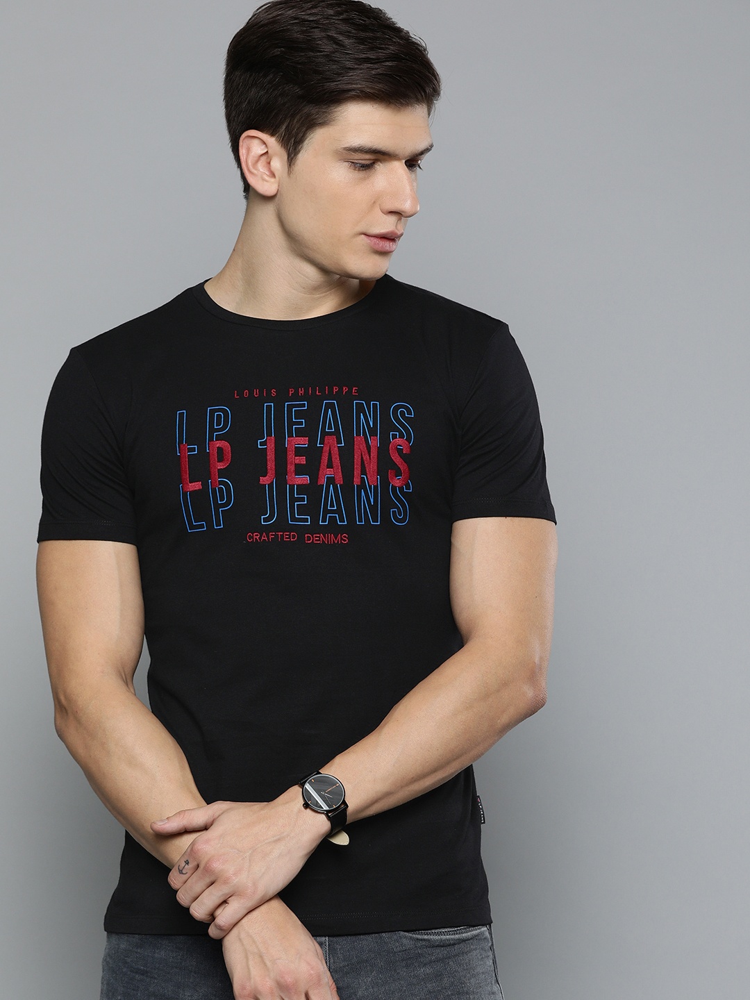 Louis Philippe Jeans Men Black Slim Fit Printed Round Neck Pure Cotton T-shirt with Embroidered Detail
Louis Philippe Jeans Men Black Slim Fit Printed Round Neck Pure Cotton T-shirt with Embroidered Detail