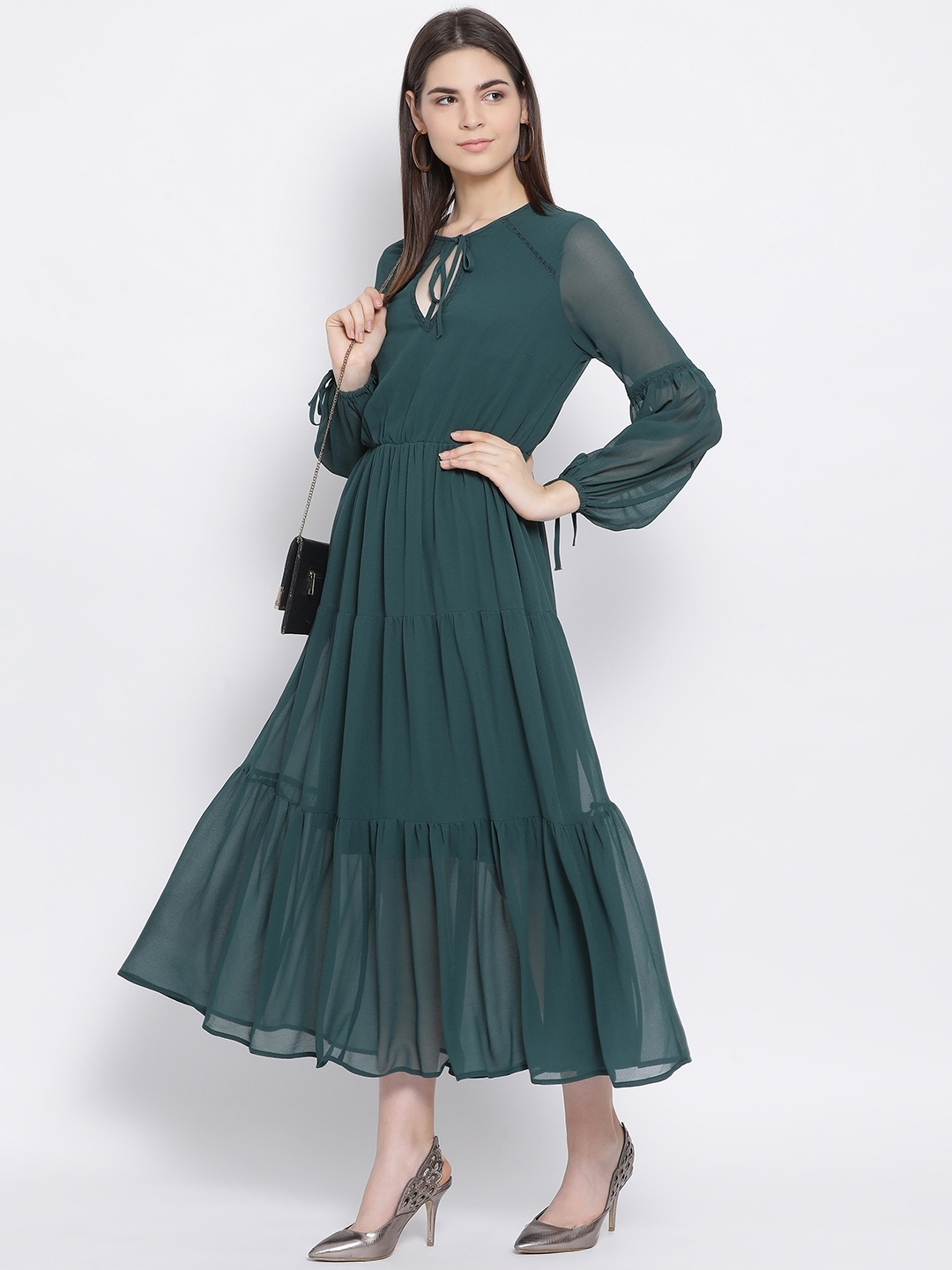 Oxolloxo Women Green Solid Semi-Sheer Fit and Flare Midi Dress