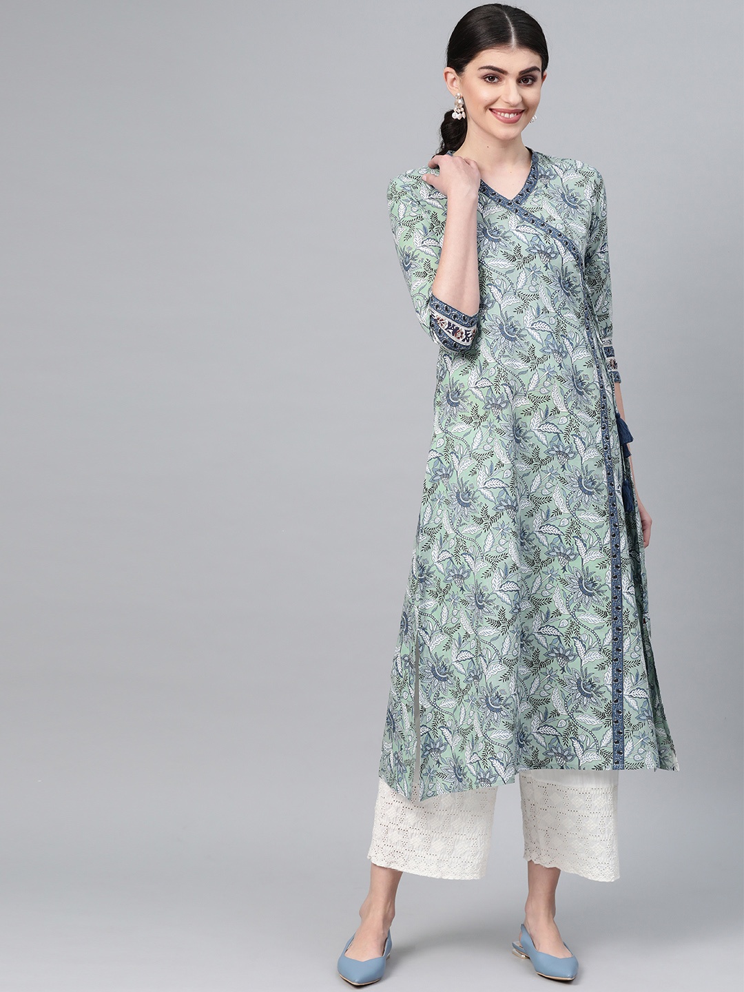 Varanga Women Green & Blue Printed Angrakha A-Line Kurta
