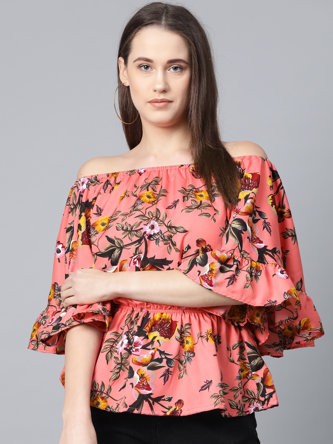 Jompers Women Pink Floral Print Bardot Top