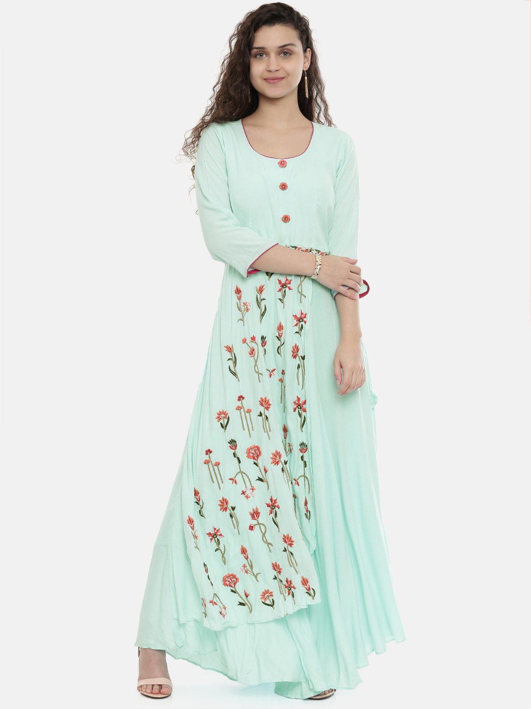 Neerus Women Sea Green & Red Floral Embroidered A-Line Kurta With Tie-up Detail
Neerus Women Sea Green & Red Floral Embroidered A-Line Kurta With Tie-up Detail