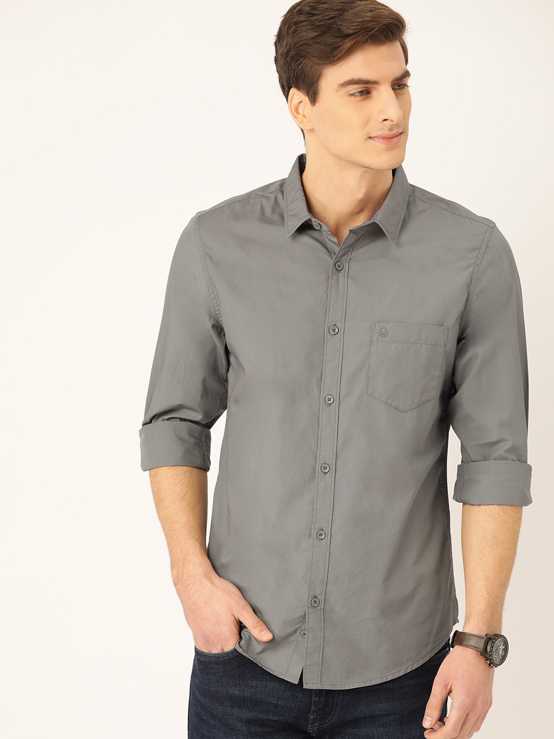United Colors of Benetton Men Grey Slim Fit Solid Casual Shirt