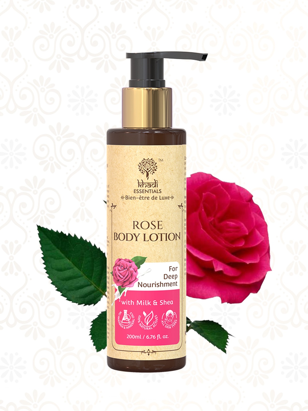 KHADI ESSENTIALS Rose Body Lotion With Milk & Shea Butter For Deep Nourishment, White
KHADI ESSENTIALS Rose Body Lotion With Milk & Shea Butter For Deep Nourishment, White