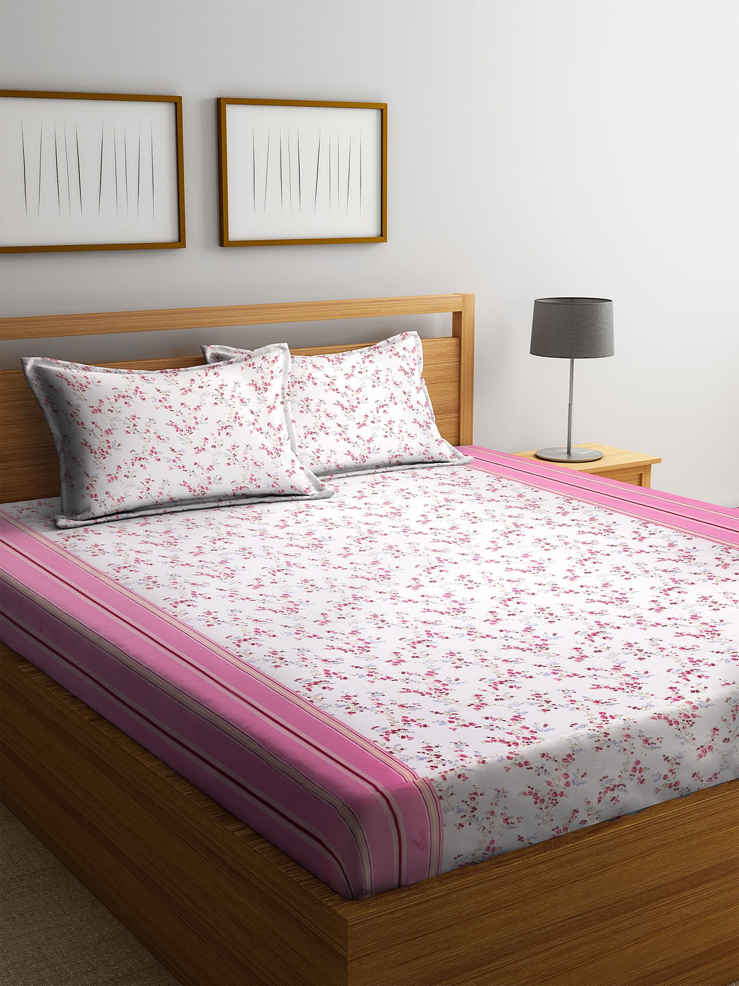 Cortina White & Pink Floral 104 TC Cotton 1 King Bedsheet with 2 Pillow Covers