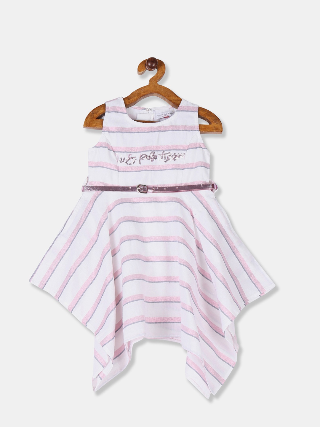 U.S. Polo Assn. Kids Girls White & Pink Striped A-Line Dress