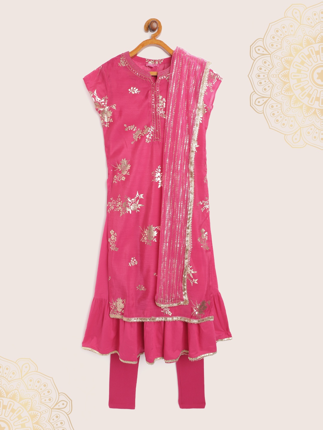 Biba Girls Pink & Golden Ethnic Printed Layered Anarkali Kurta with Leggings & Dupatta
Biba Girls Pink & Golden Ethnic Printed Layered Anarkali Kurta with Leggings & Dupatta