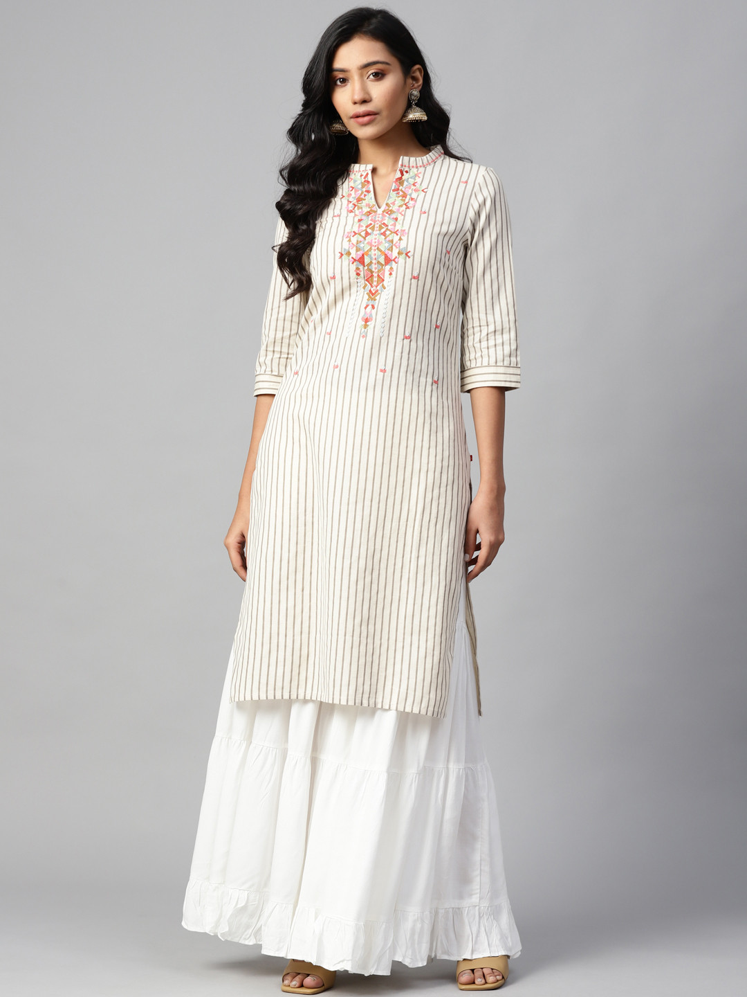 W Women Off-White & Beige Striped Straight Kurta 
W Women Off-White & Beige Striped Straight Kurta