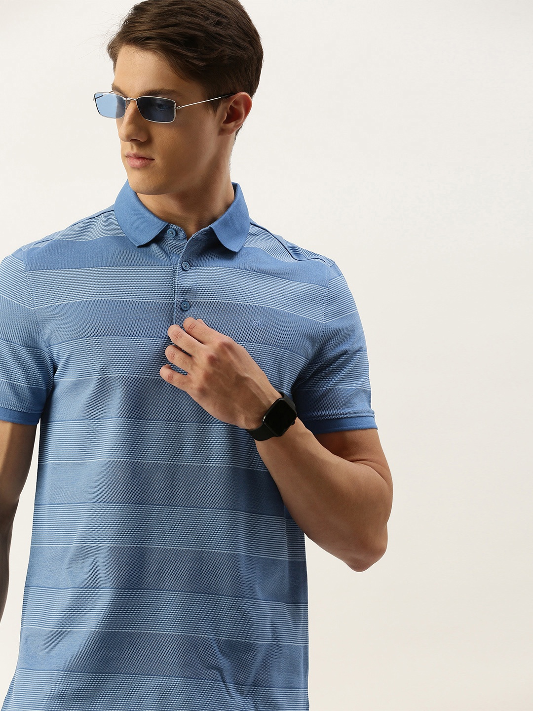 Calvin Klein Jeans Men Blue Striped Polo Collar Pure Cotton T-shirt