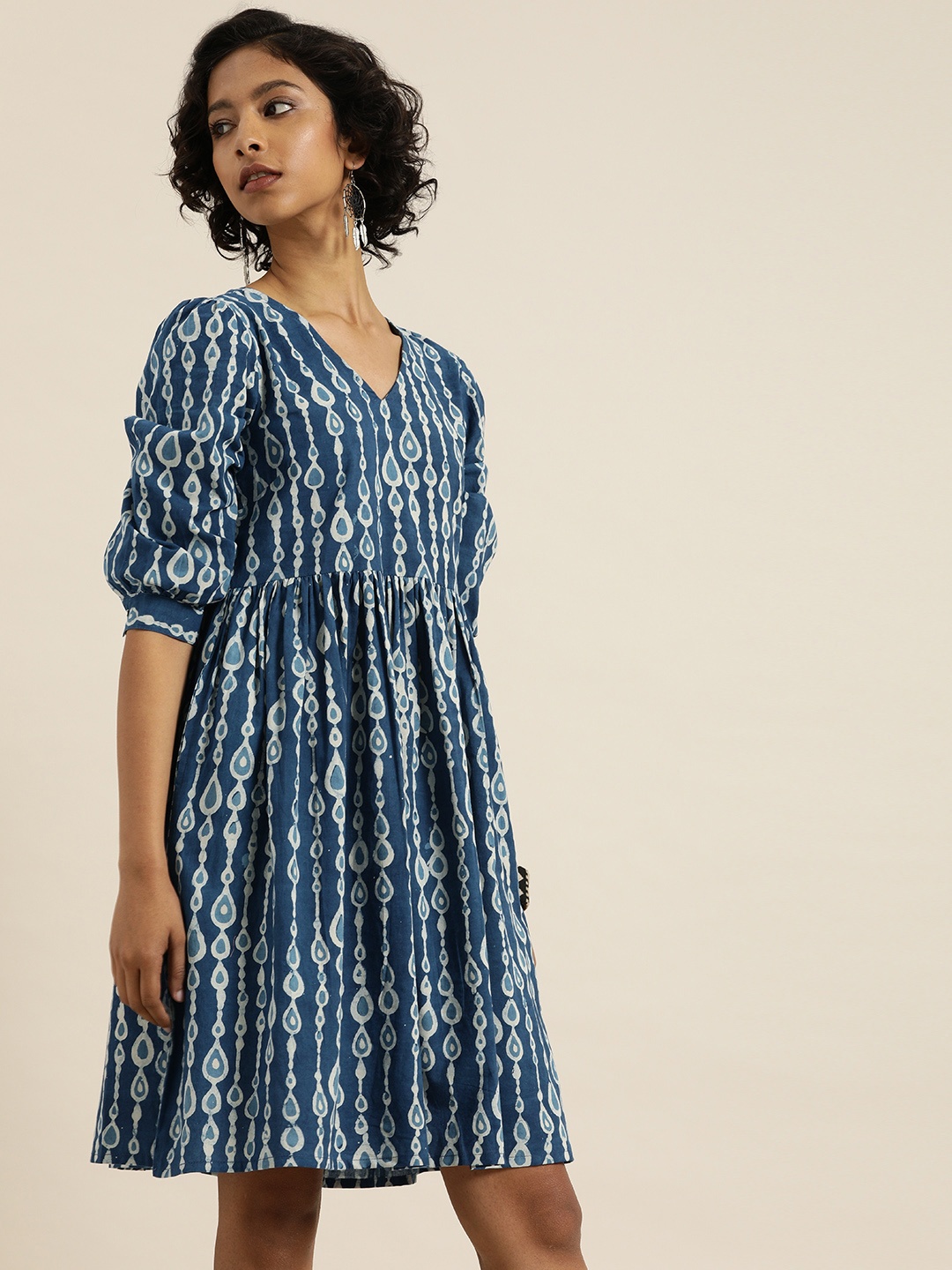 Taavi Blue & White Indigo Hand Block Print Empire Sustainable Pure Cotton Ethnic Dress with Gathered Detail
Taavi Blue & White Indigo Hand Block Print Empire Sustainable Pure Cotton Ethnic Dress with Gathered Detail