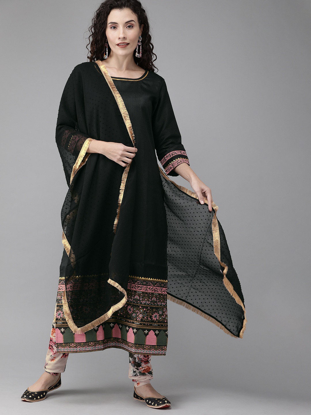 Ahalyaa Women Black & Beige Printed Kurta with Churidar & Dupatta