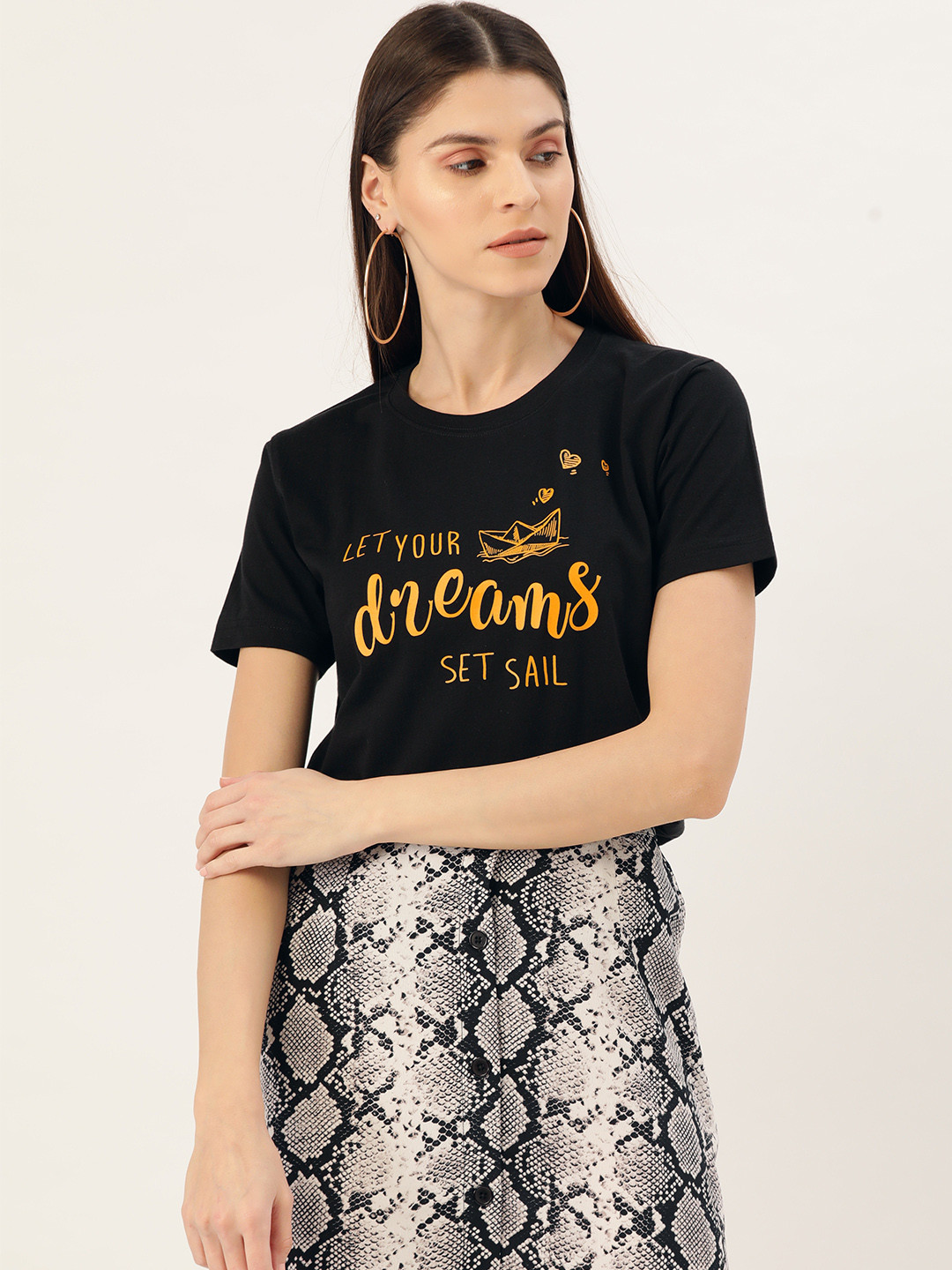 YOLOCLAN Women Black & Mustard Yellow Printed Round Neck T-shirt
YOLOCLAN Women Black & Mustard Yellow Printed Round Neck T-shirt