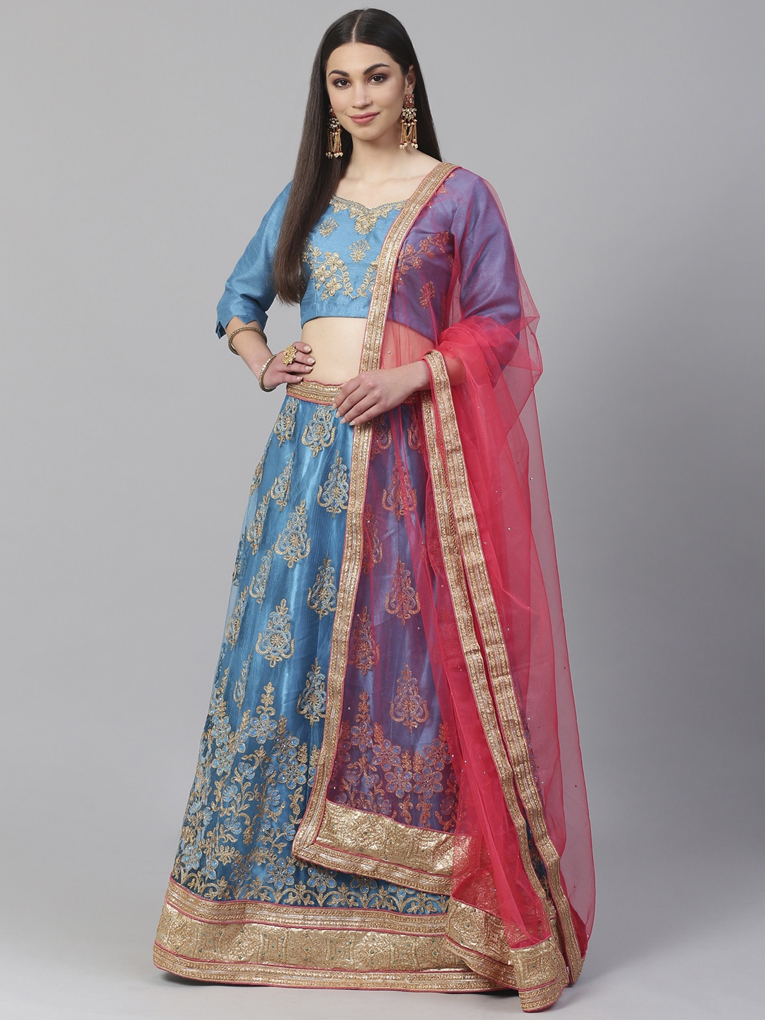 Readiprint Fashions Blue & Coral Embroidered Semi-Stitched Lehenga & Unstitched Blouse with Dupatta
Readiprint Fashions Blue & Coral Embroidered Semi-Stitched Lehenga & Unstitched Blouse with Dupatta