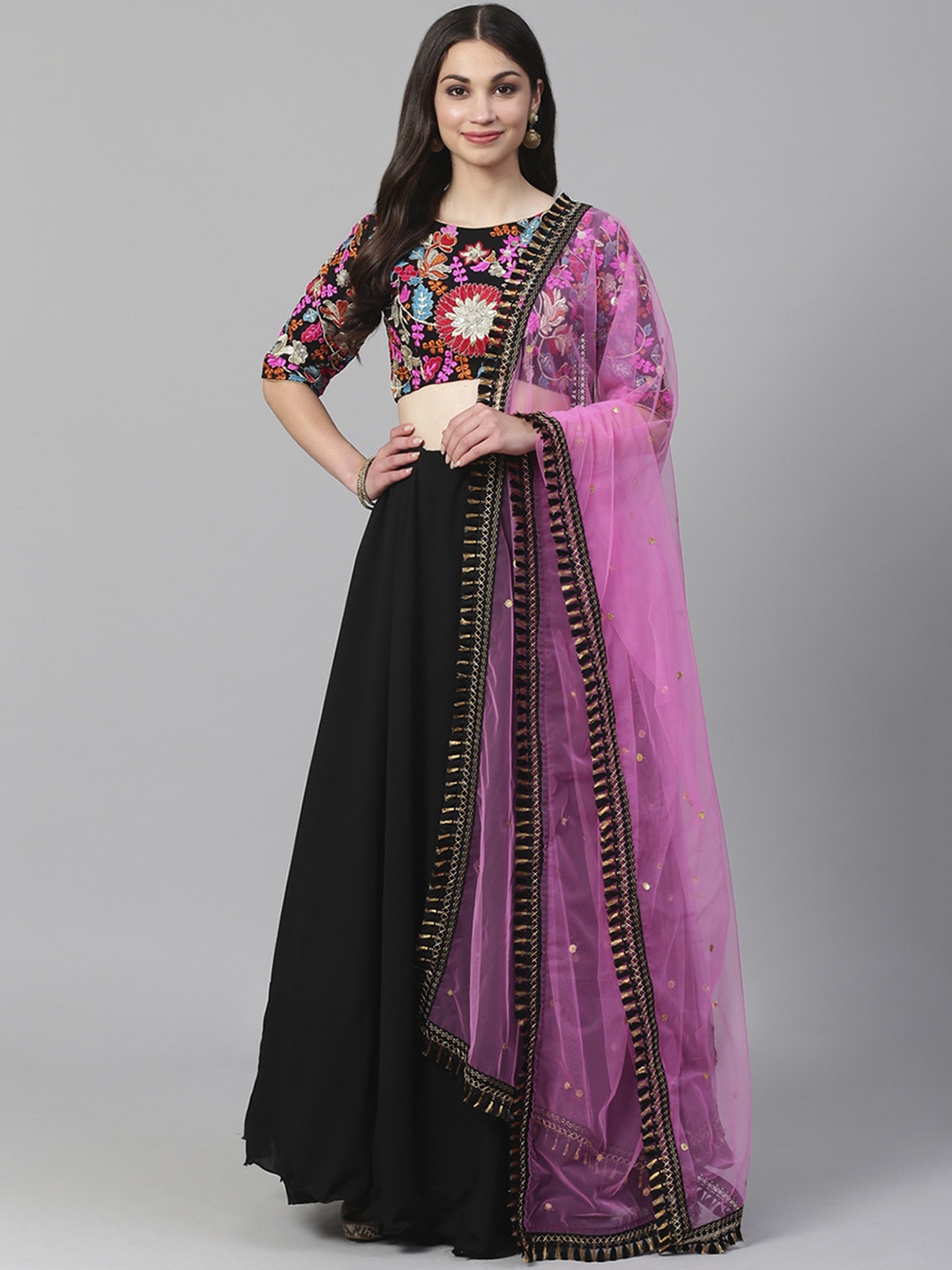 Readiprint Fashions Black & Pink Embroidered Semi-Stitched Lehenga & Unstitched Blouse with Dupatta
Readiprint Fashions Black & Pink Embroidered Semi-Stitched Lehenga & Unstitched Blouse with Dupatta