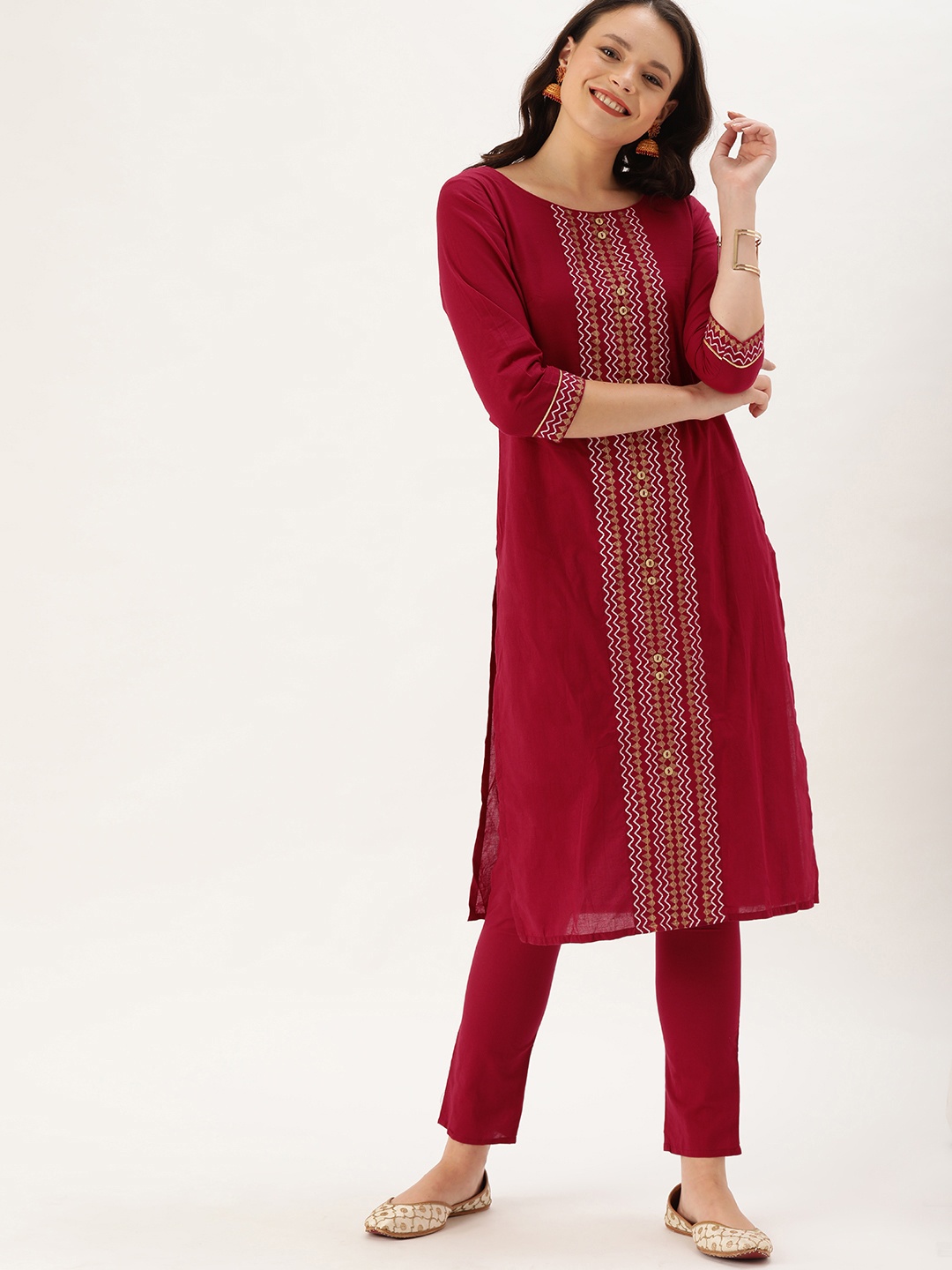 IMARA Women Maroon & Red Printed Kurta with Churidar