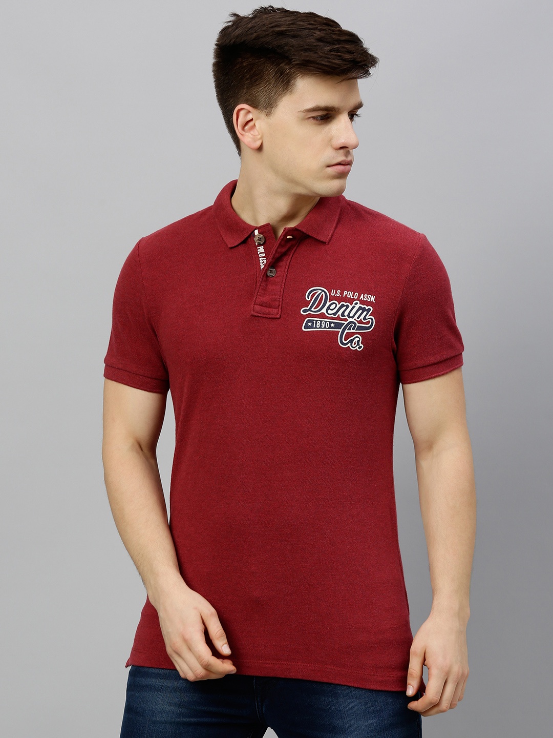 U.S. Polo Assn. Denim Co. Men Maroon Solid Polo Collar T-shirt
