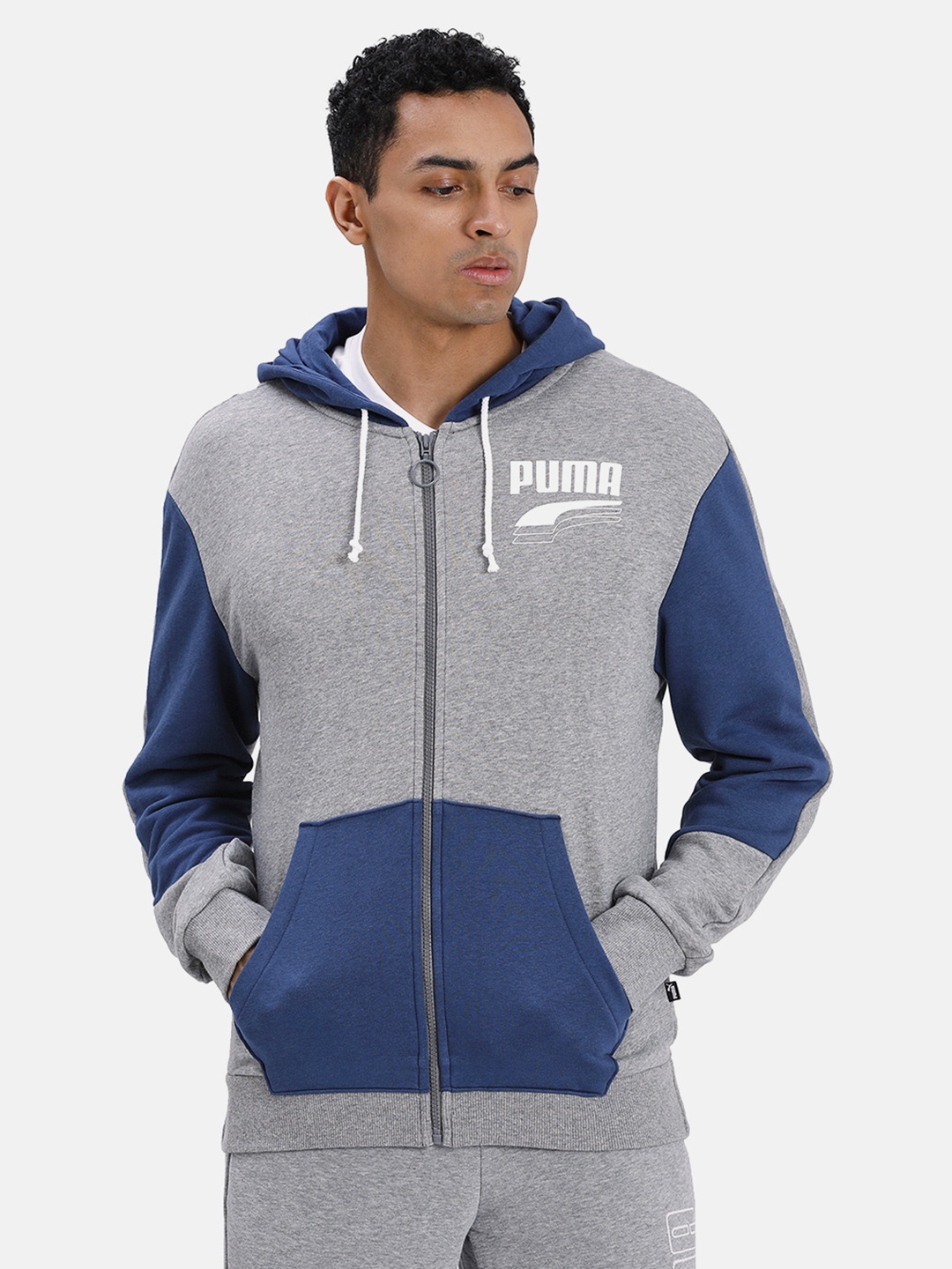 Puma Men Grey & Blue Colourblocked REBEL Block FZ Hooded Track Sweatshirt