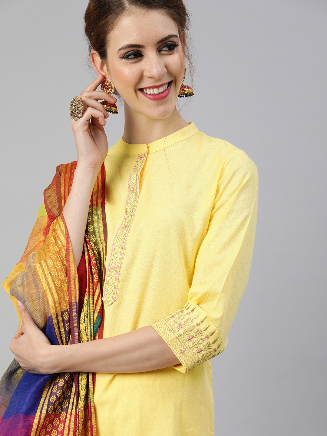 Indo Era Women Yellow Embroidered Kurta with Trousers & Dupatta