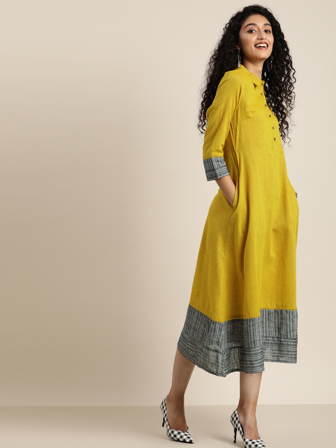 Taavi Women Mustard Yellow Self Design Woven Legacy A-Line Sustainable Dress with Pockets
Taavi Women Mustard Yellow Self Design Woven Legacy A-Line Sustainable Dress with Pockets