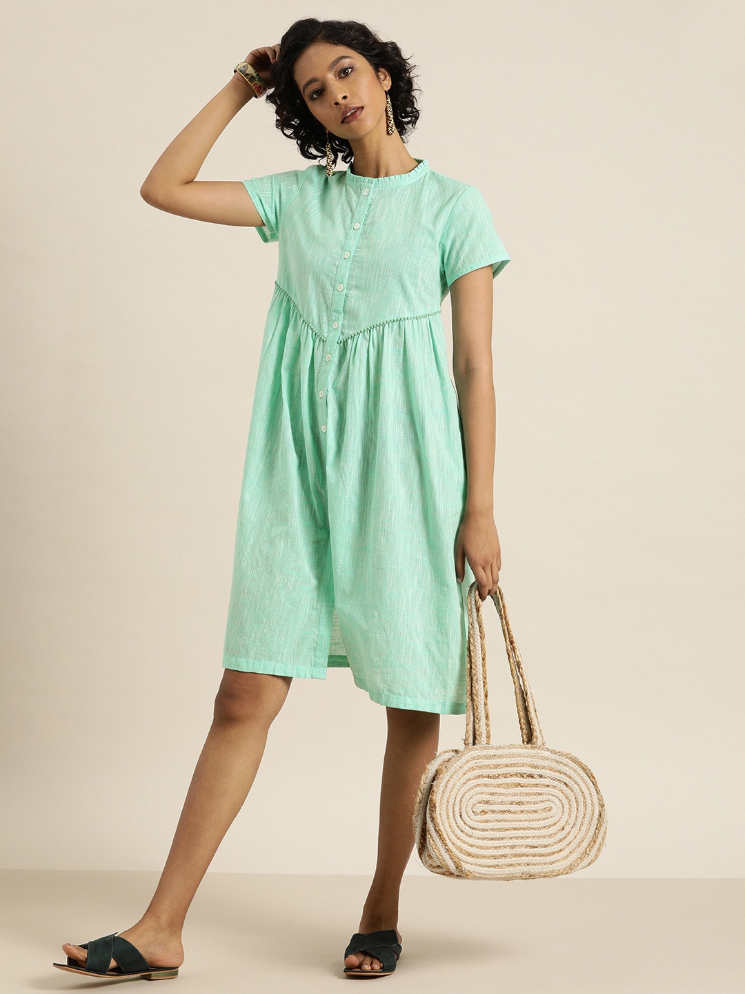 Taavi Women Sea Green Solid Woven Legacy A-Line Sustainable Dress with Embroidered Detailing
Taavi Women Sea Green Solid Woven Legacy A-Line Sustainable Dress with Embroidered Detailing
